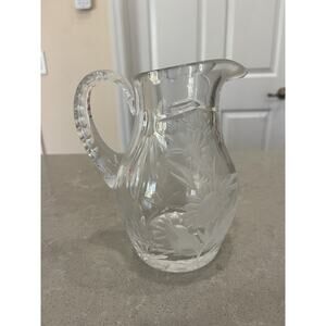 Vintage Lead Crystal Clear Floral Design Pitcher 7”